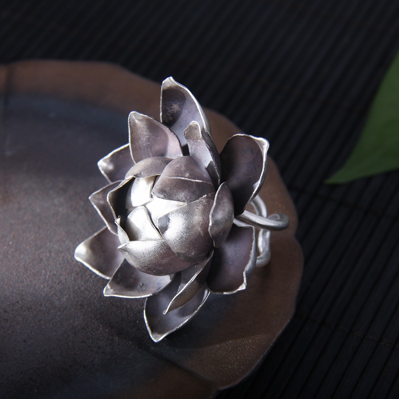 925银戒指 泰国清迈手工银s925纯银出淤泥而不染莲花戒指复古做旧