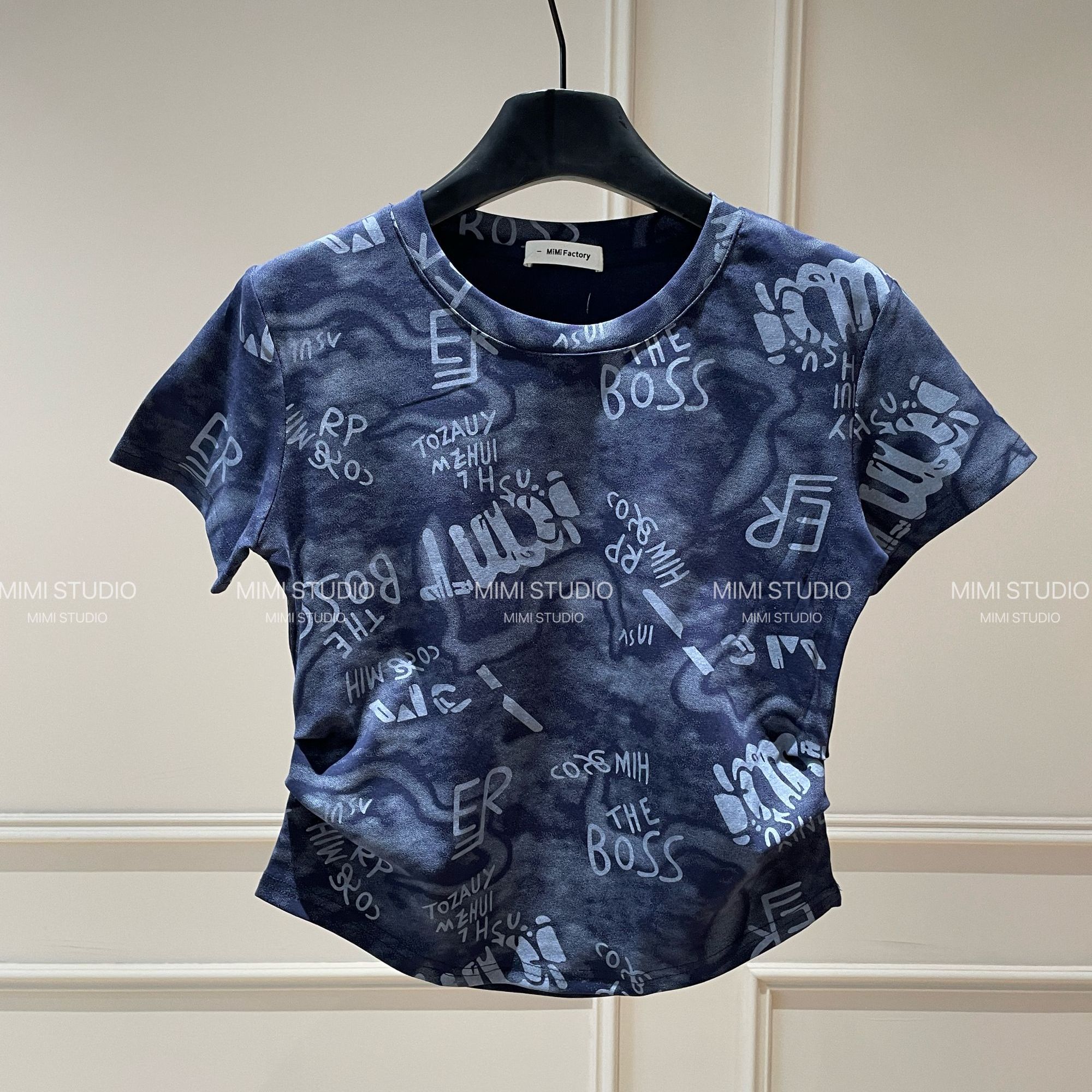 2025新款 欧货满印圆领短袖T恤女收腰褶皱打底内搭显瘦上衣#1430