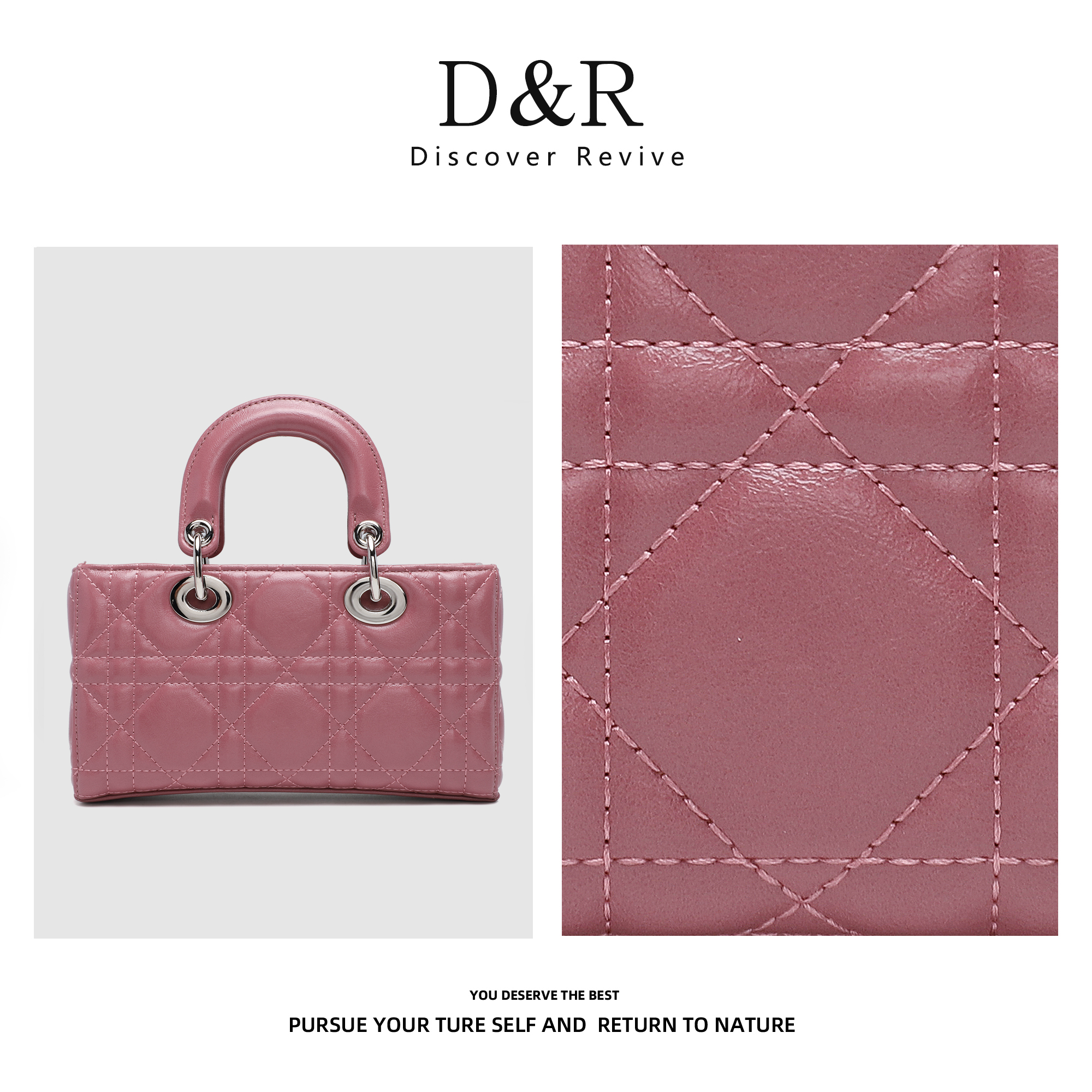  Discover Revive【巴黎玫瑰】新款时尚百搭手提格子包包E944-粉