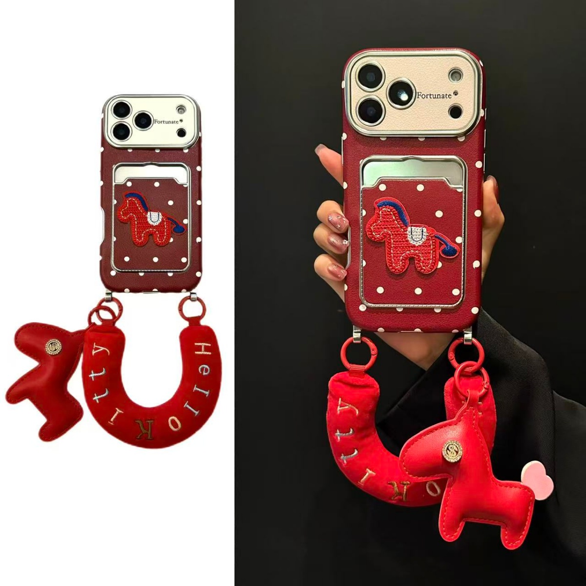 酒红波点卡包刺绣马适用iPhone17promax苹果16手机壳15腕带14斜挎