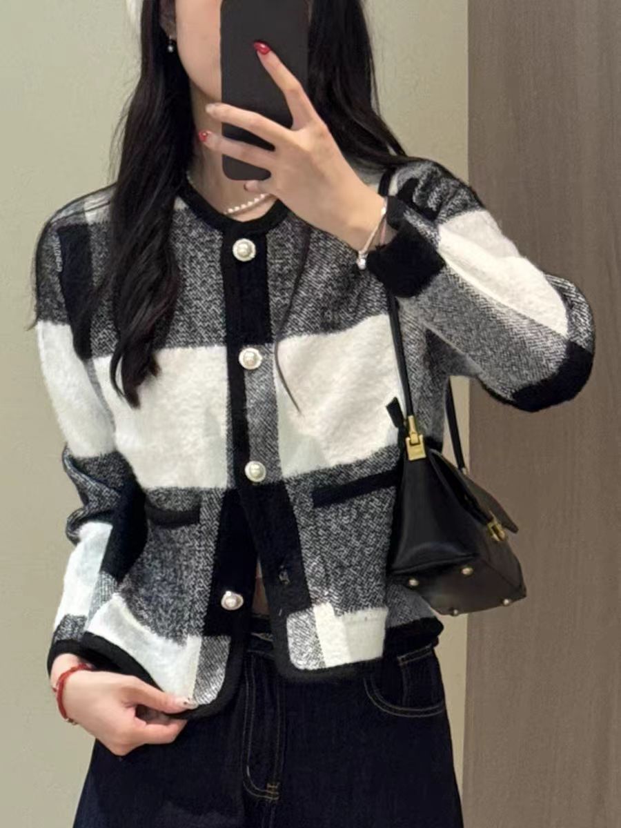 名媛小香风法式小个子外套女早春秋季2025年新款复古黑白格纹上衣