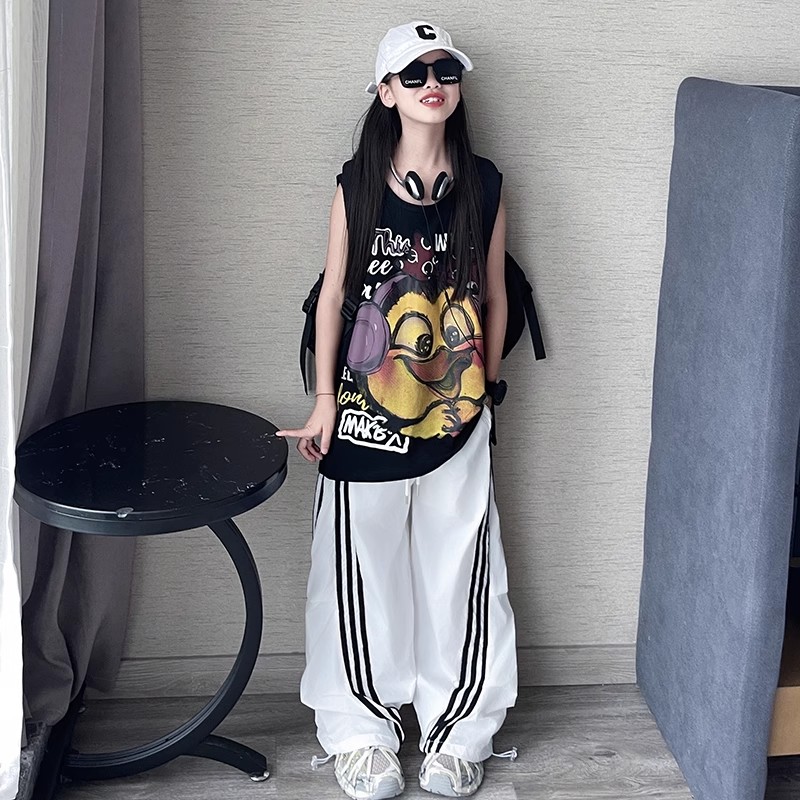 女童薄款背心裤子套装2025新款中大童女孩卡通印花洋气中长款休闲