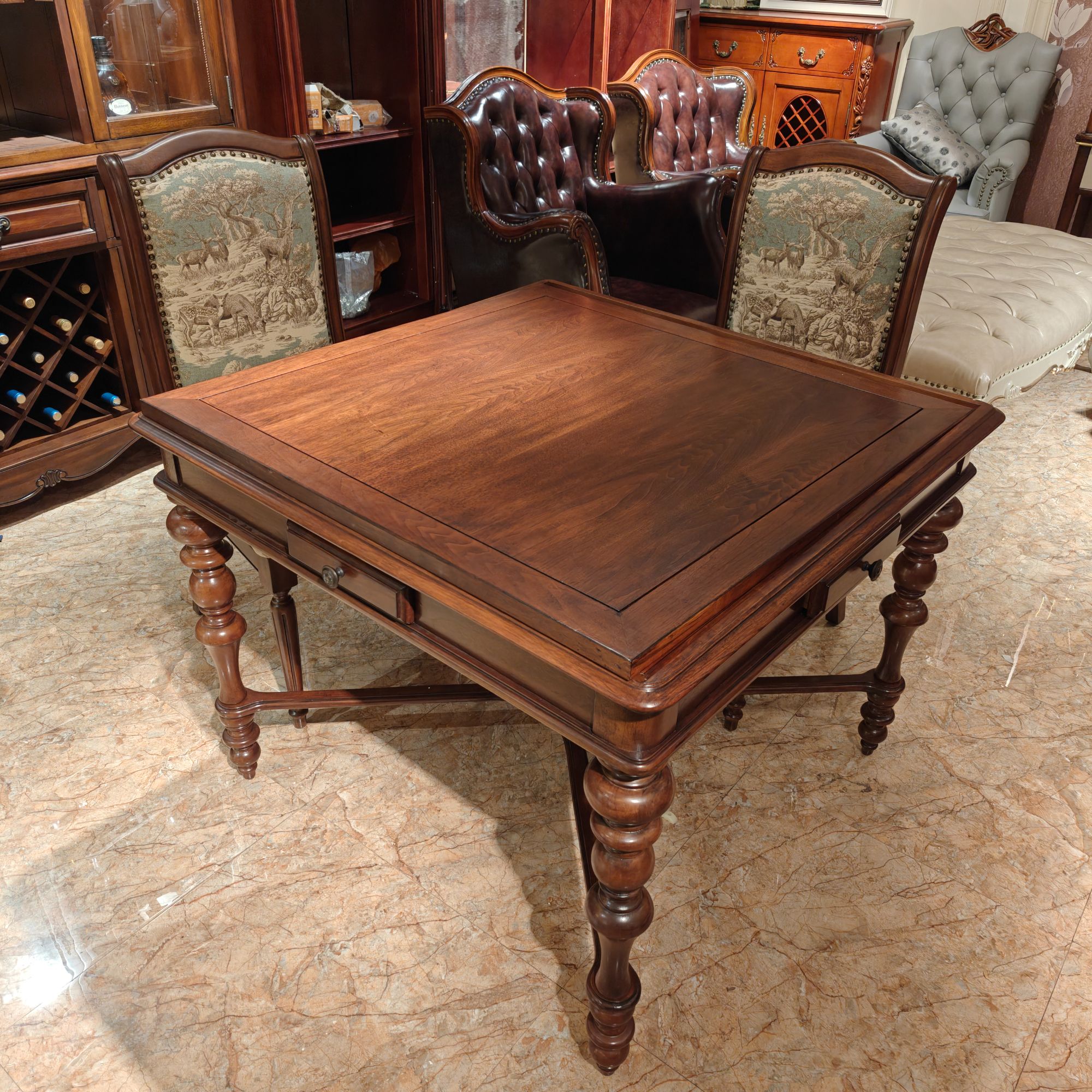 美式复古方形饭桌全实木两用麻将桌1000*1000*770+ 实木座椅