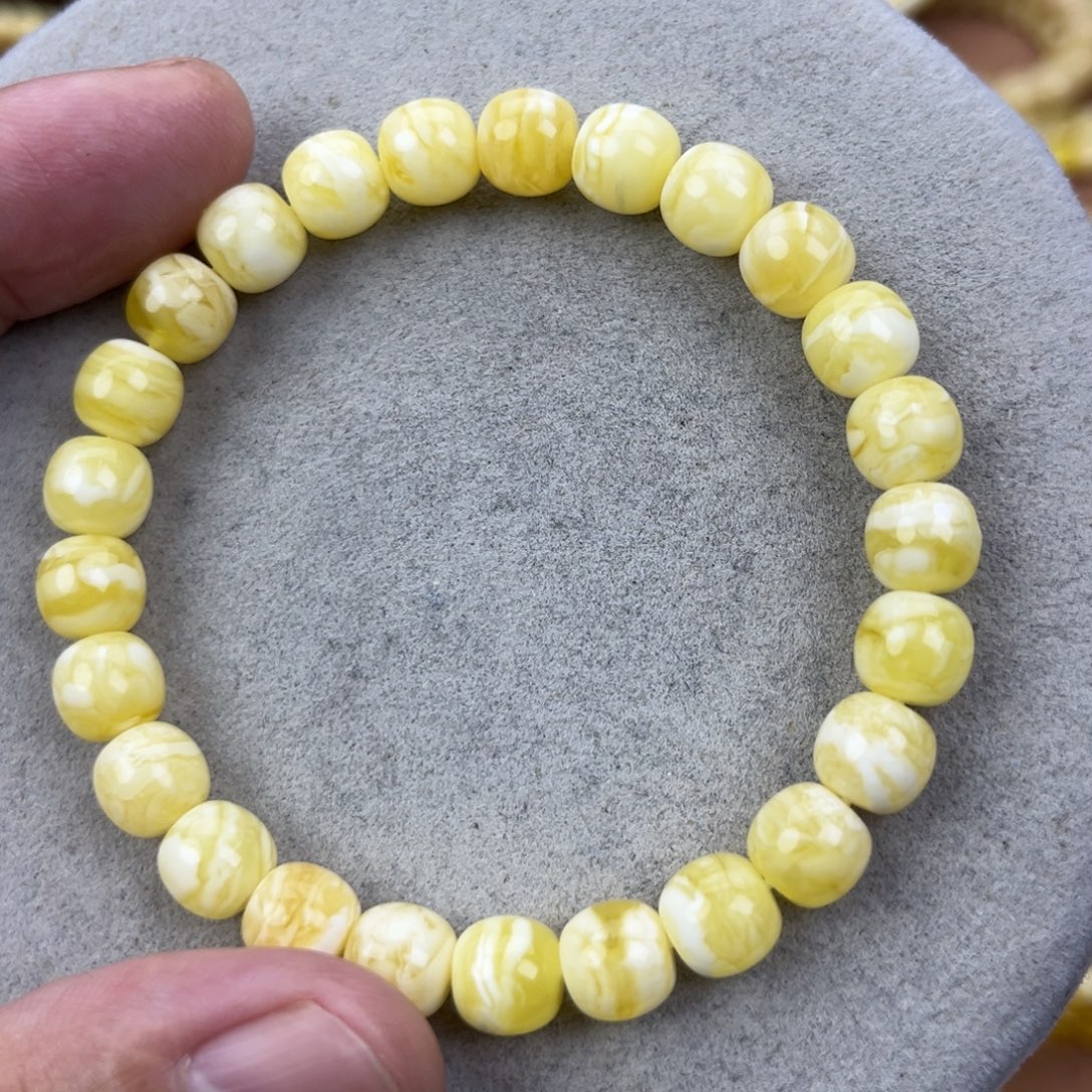 蜜蜡未镶嵌手串纯天然俄料瓷白花虎皮8.5*8腕口17+