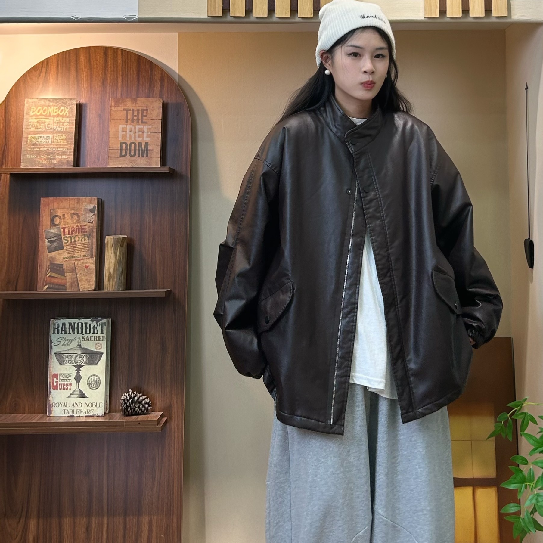 冬季新款宽松休闲复古皮衣棉服外套1037