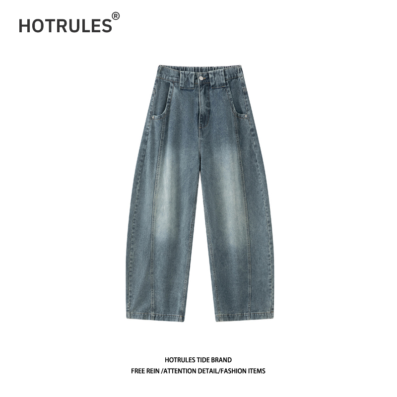 HOTRULES美式复古做旧明线秋季弯刀裤宽松阔型水洗牛仔裤男女同款