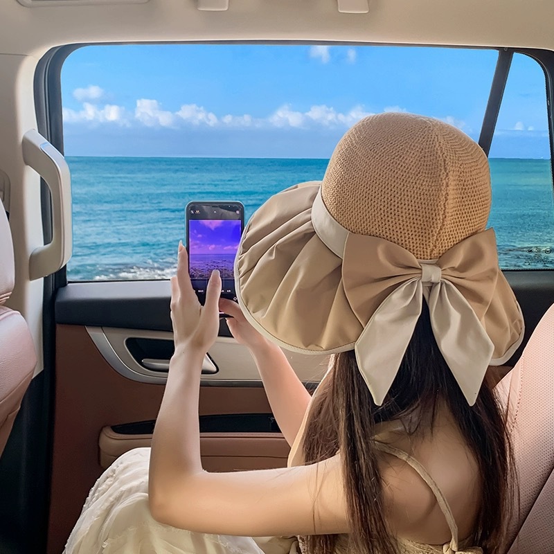 夏季新款蝴蝶结黑胶太阳帽可扎马尾防晒渔夫帽