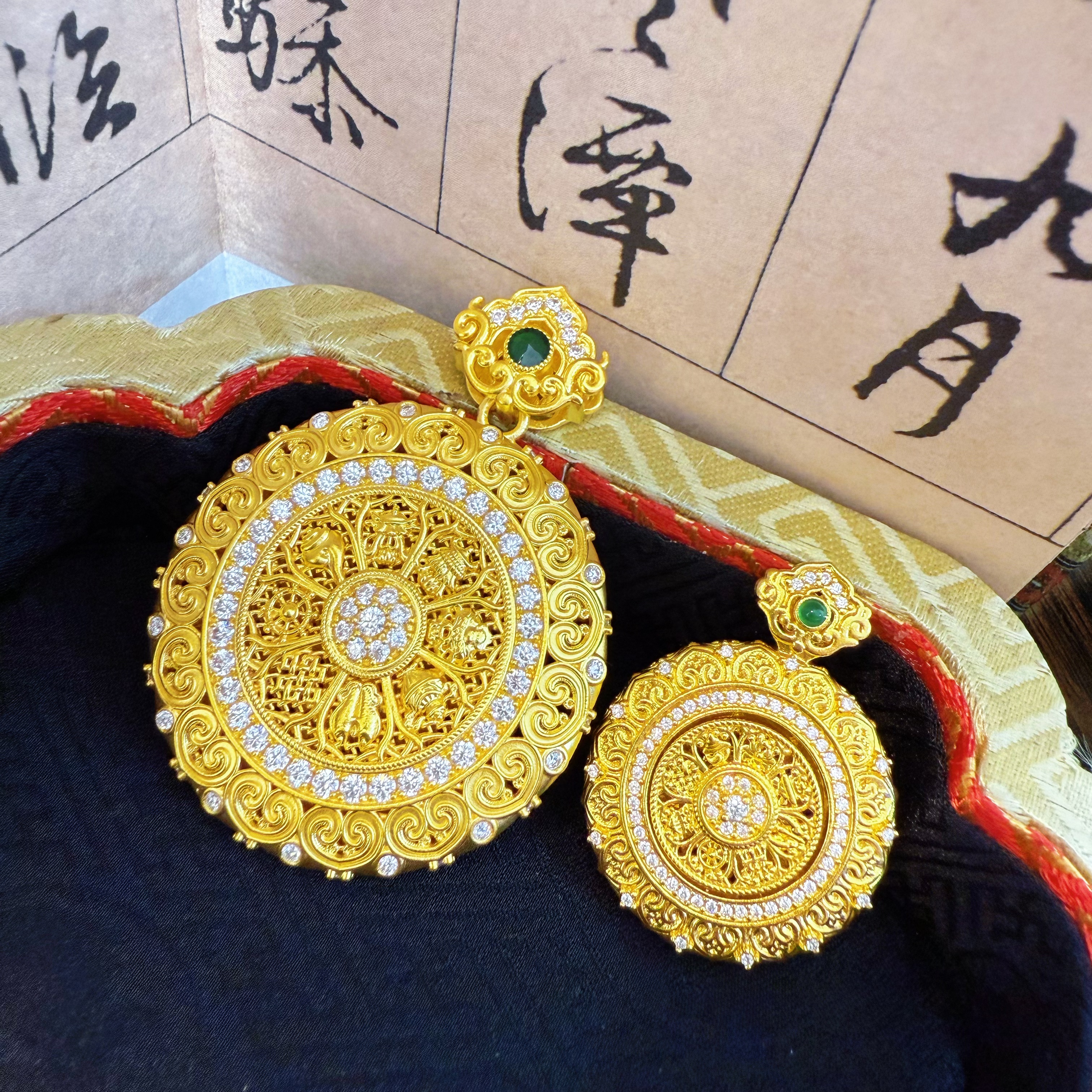 足金999时来运转如意花丝八宝罗盘吊坠（多样性发一）