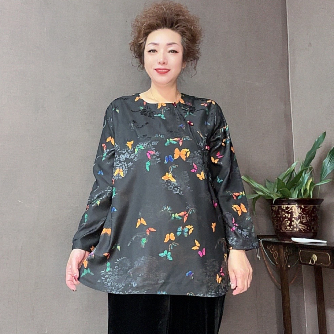 三姐新中式国风圆领斜襟侧开提花显瘦上衣
