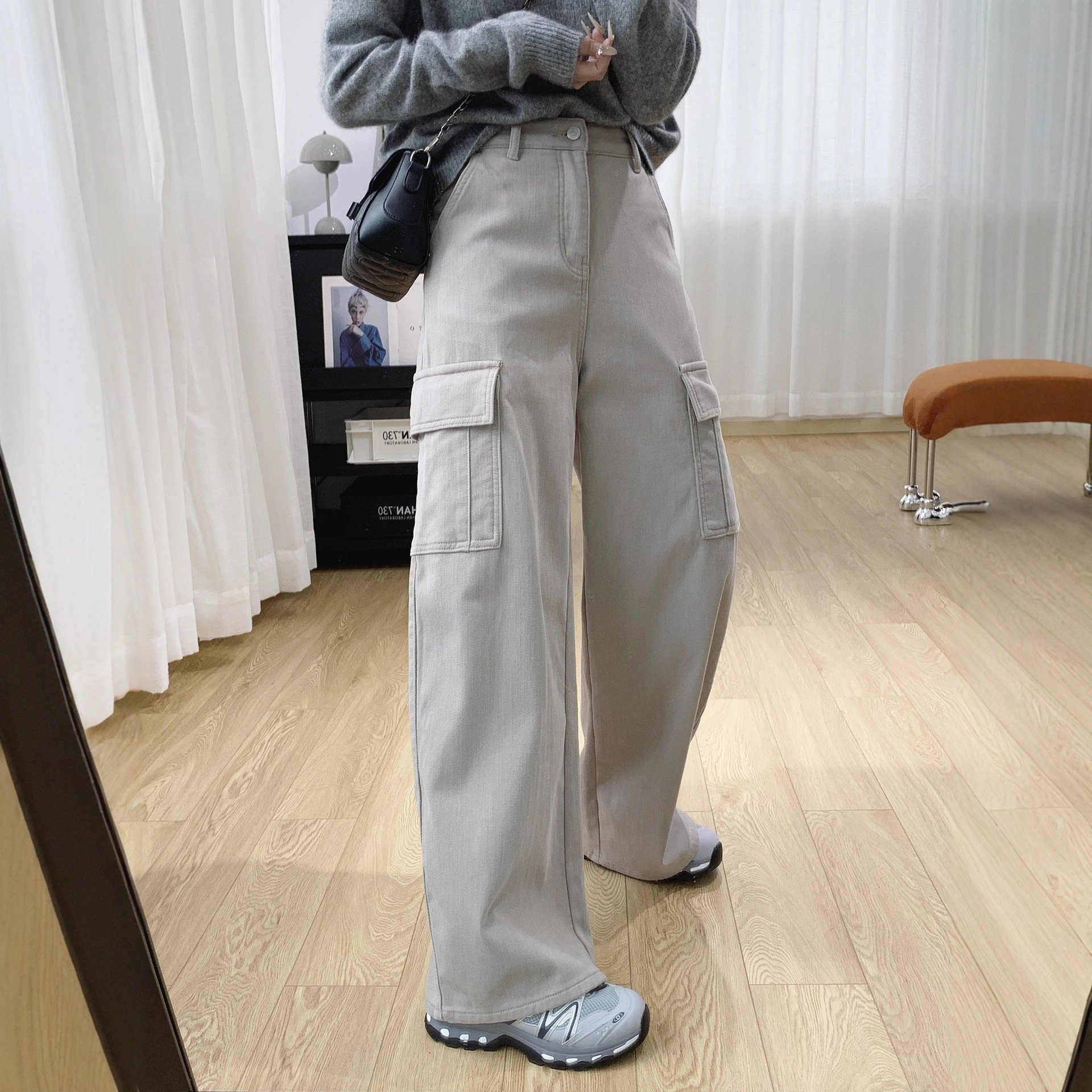 高腰显瘦美式复古加绒工装裤宽松直筒松弛感阔腿牛仔裤女秋冬裤