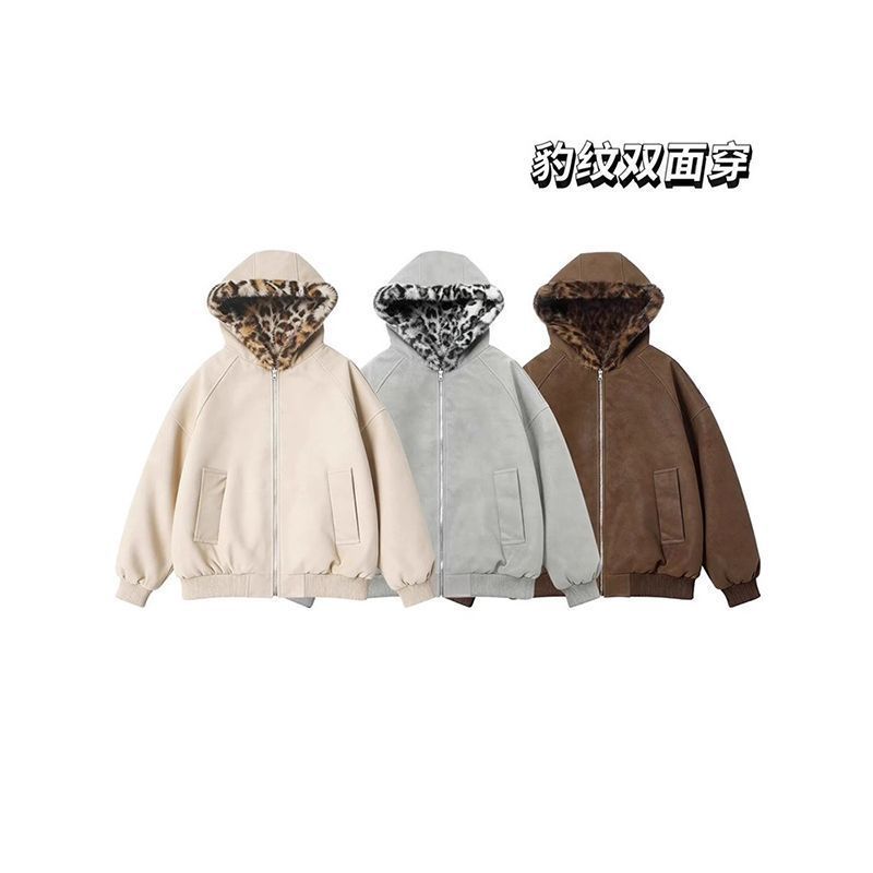美式PU皮连帽座山雕棉服男女冬季加绒加厚棉衣豹纹双面穿情侣外套
