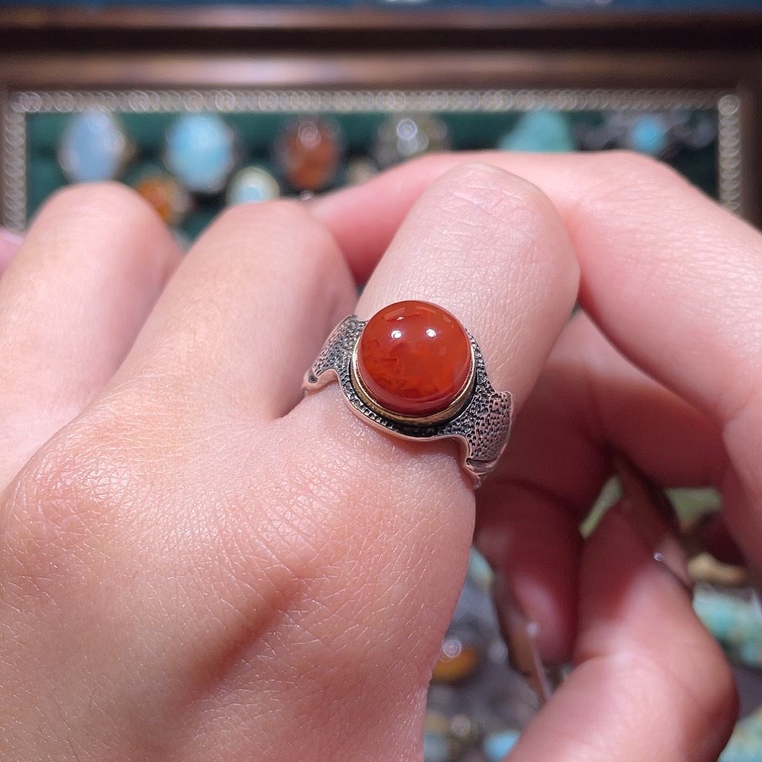 南红玛瑙银S925镶嵌戒指