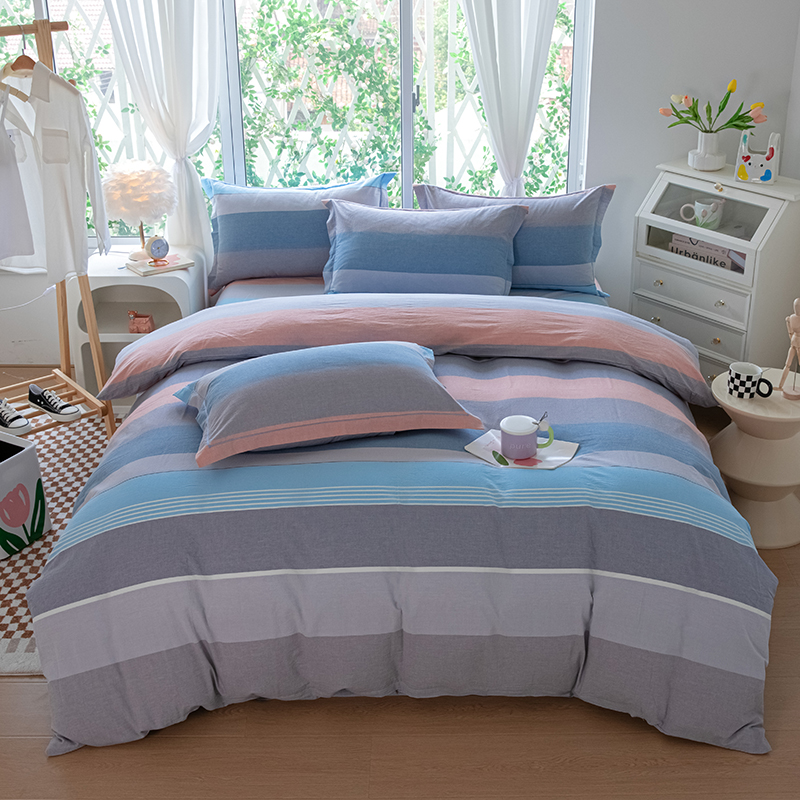 100全棉色织水洗棉四件套简约柔软亲肤轻薄透气被罩枕套图案随机