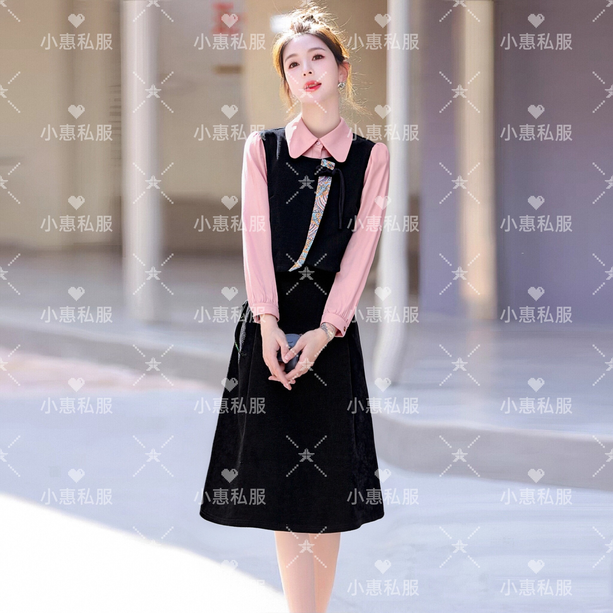 2025秋冬新款长袖气质显瘦拼色假两件中长款裙子女减龄时尚连衣裙