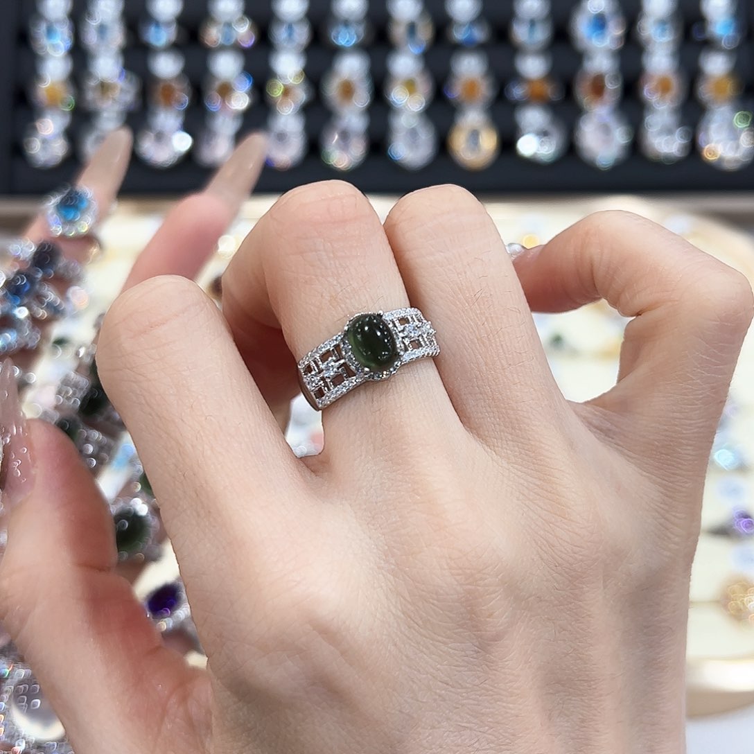 岫玉戒指银S925镶嵌宽壁