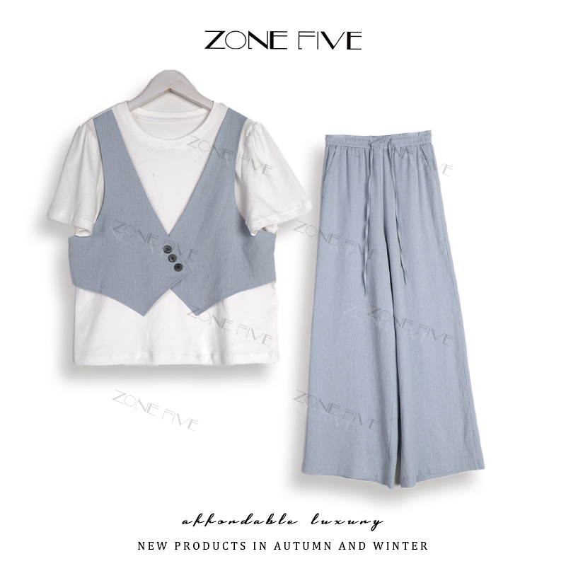 【zonefive】屿你假两件马甲短袖百搭套装青春不挑人