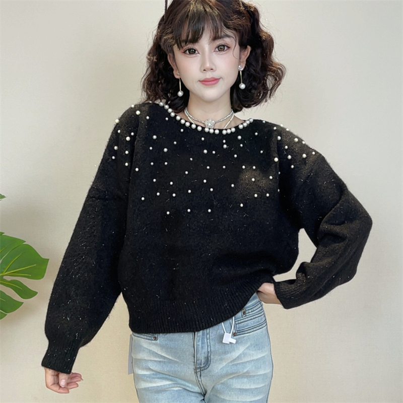 迪否法式圆领钉珠针织毛衣2025秋季洋气宽松显瘦上衣2310