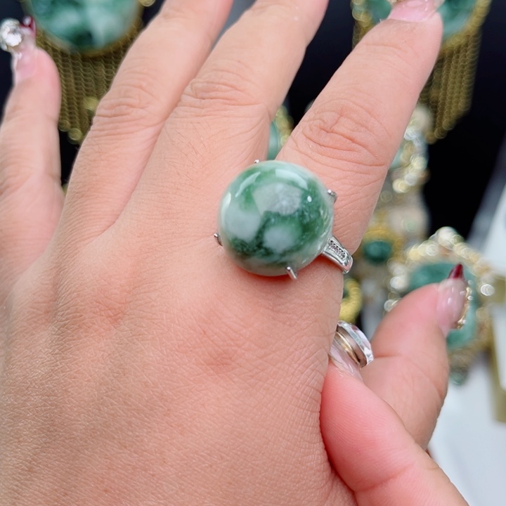 透闪石-蛇纹石玉戒指银S925镶嵌