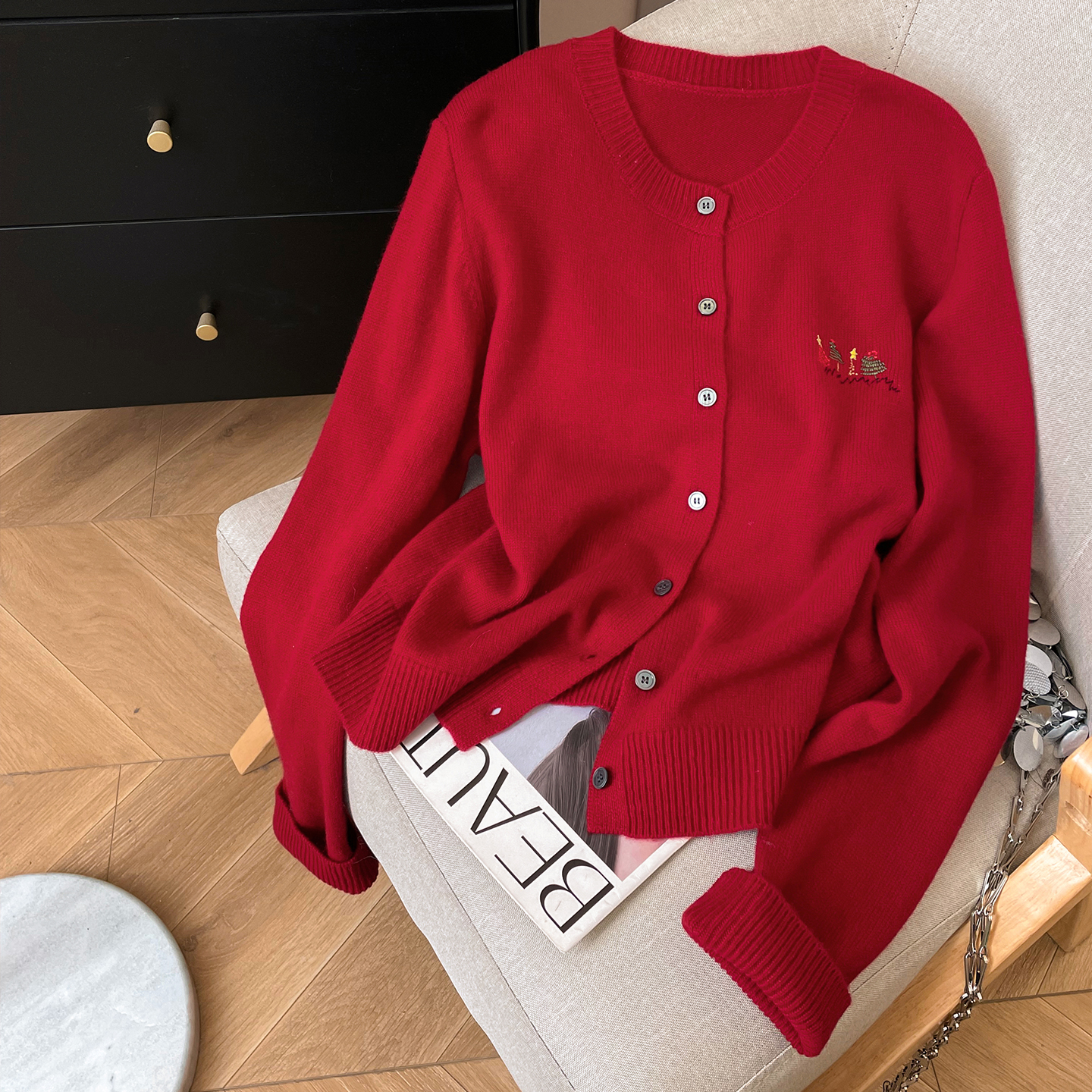 小C家 圣诞风刺绣针织开衫女2025新款秋冬内搭纯羊毛衫慵懒风毛衣