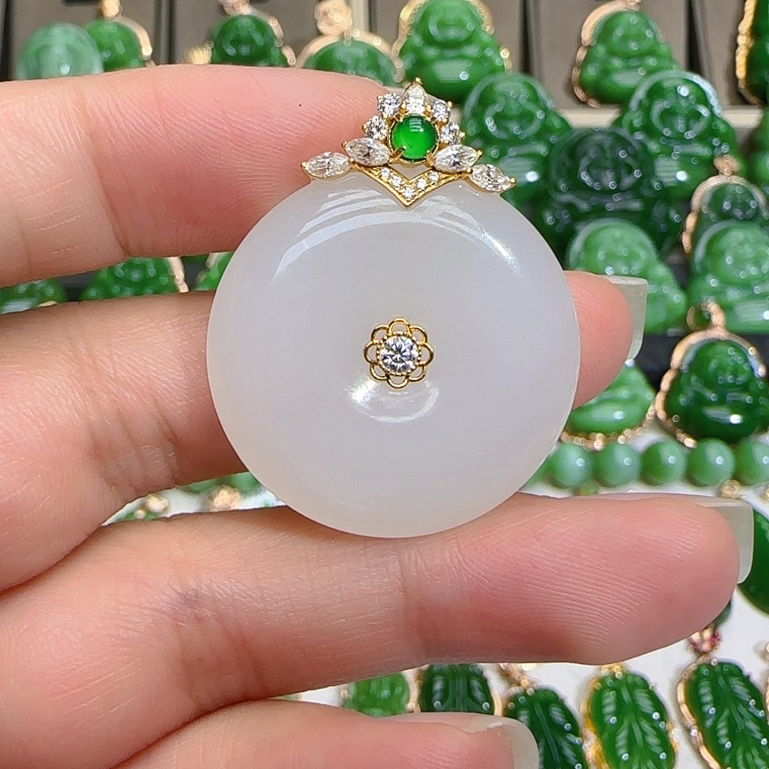 和田玉（白玉）吊坠(不含链)18K金镶嵌