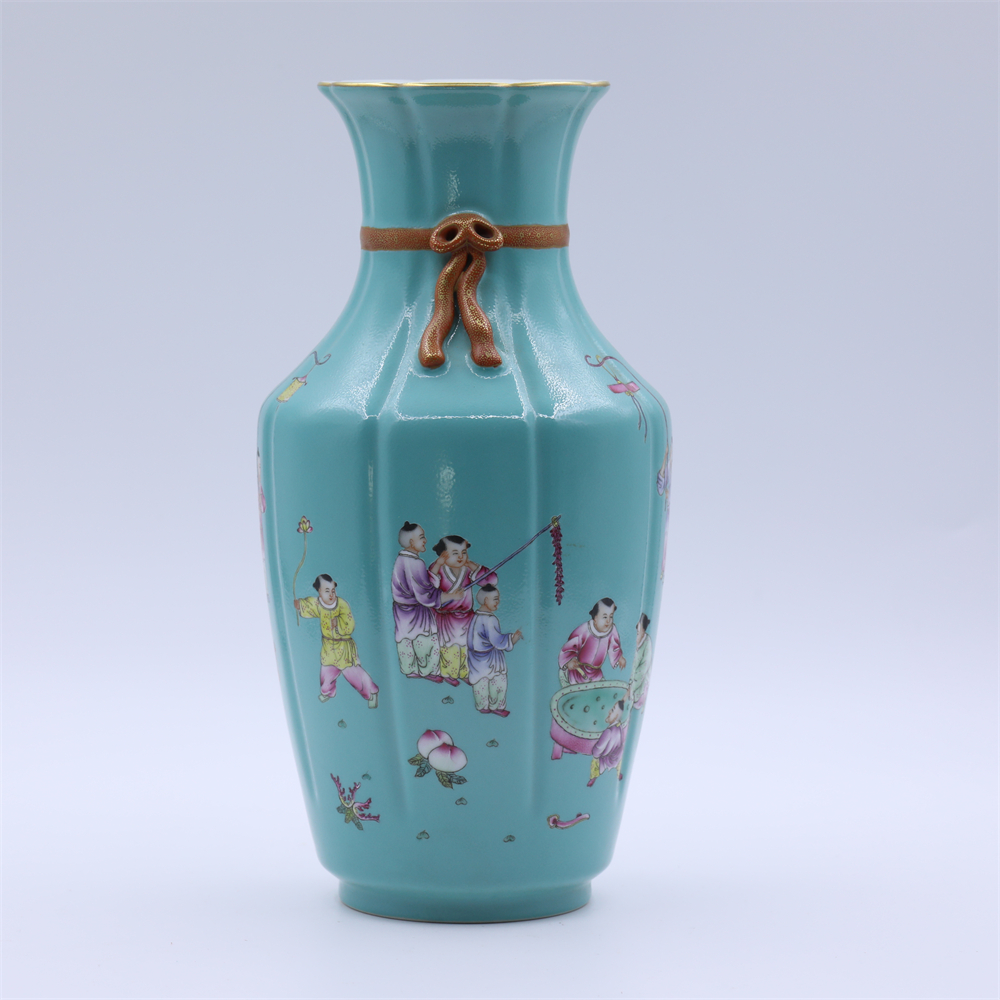 古董/古玩/瓷器/ 松石绿地婴戏纹包袱瓶LOT4036-官1/老物件