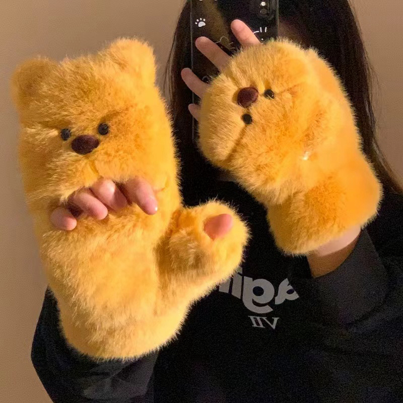 冬季可爱小熊毛绒翻盖半指手套女保暖加绒加厚学生写字防寒风防冻