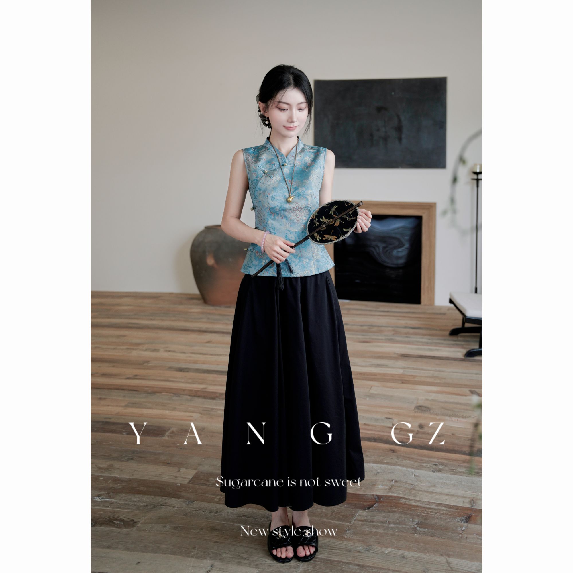 YANG GZ【大鱼海棠】新中式海蓝色百花纹斜襟马甲女 GZ5152GL656040