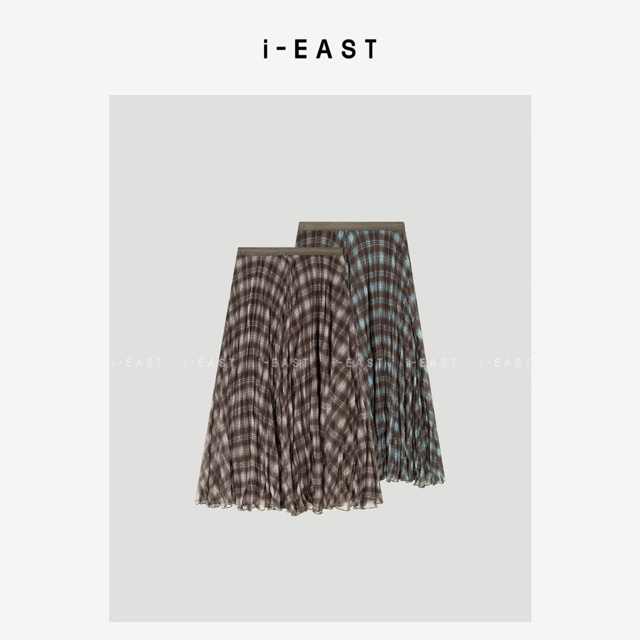 i-EAST 垦丁假日~撞色格子设计松紧腰半身裙-5Q Q14276