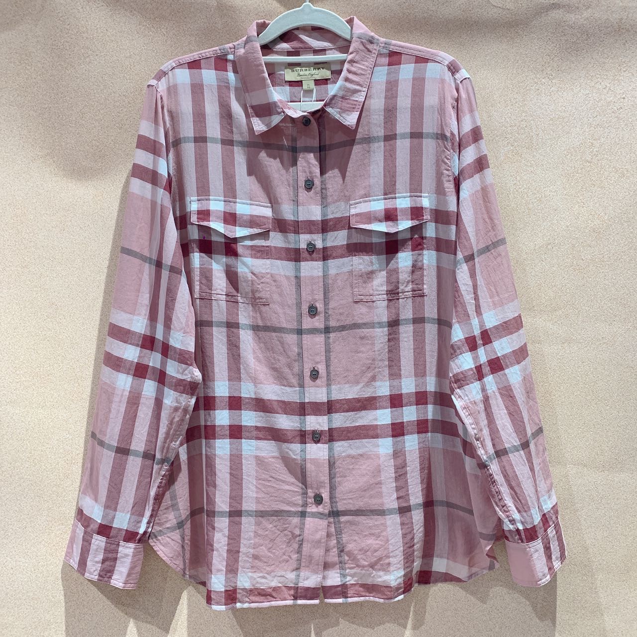 99新 BURBERRY/博柏利 7姐专场/f粉色格纹双口袋T恤 UK14码