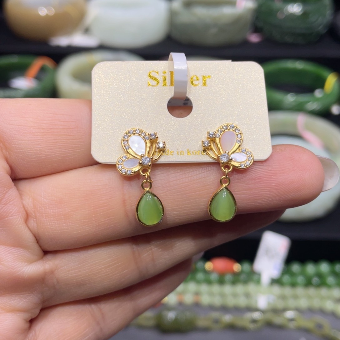 和田玉银S925镶嵌耳饰