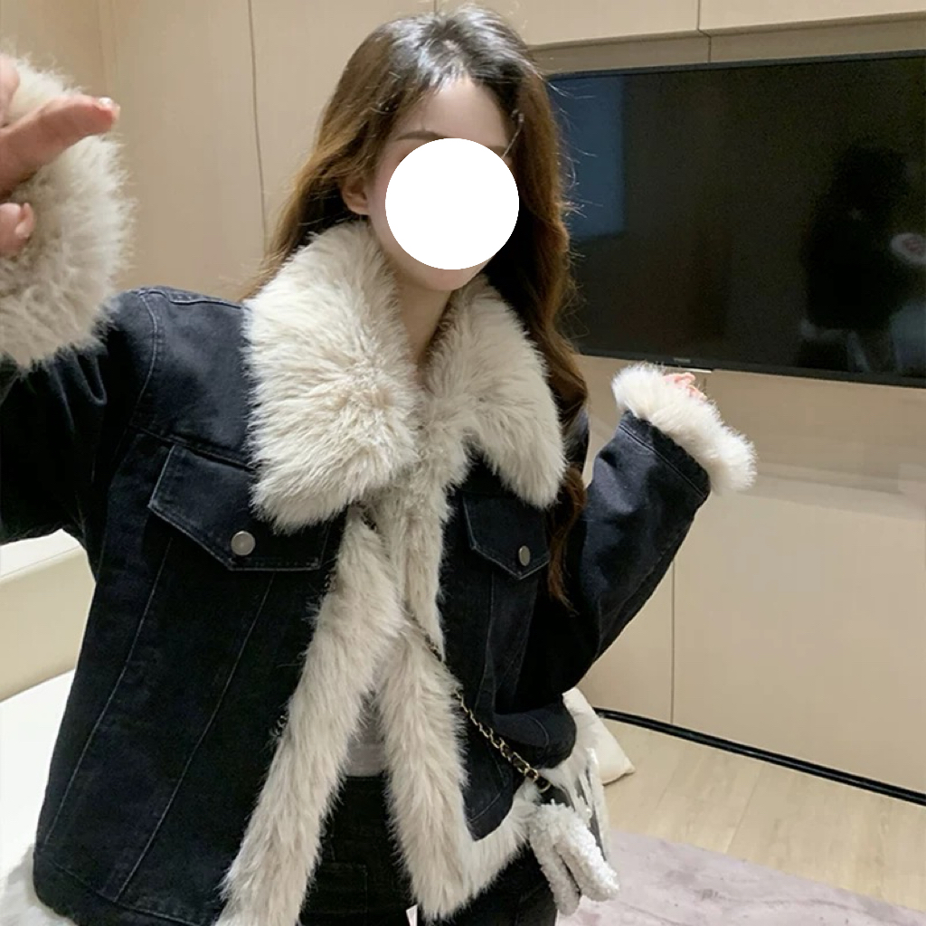 复古洋气麂皮绒薄棉短款拼接毛毛上衣外套