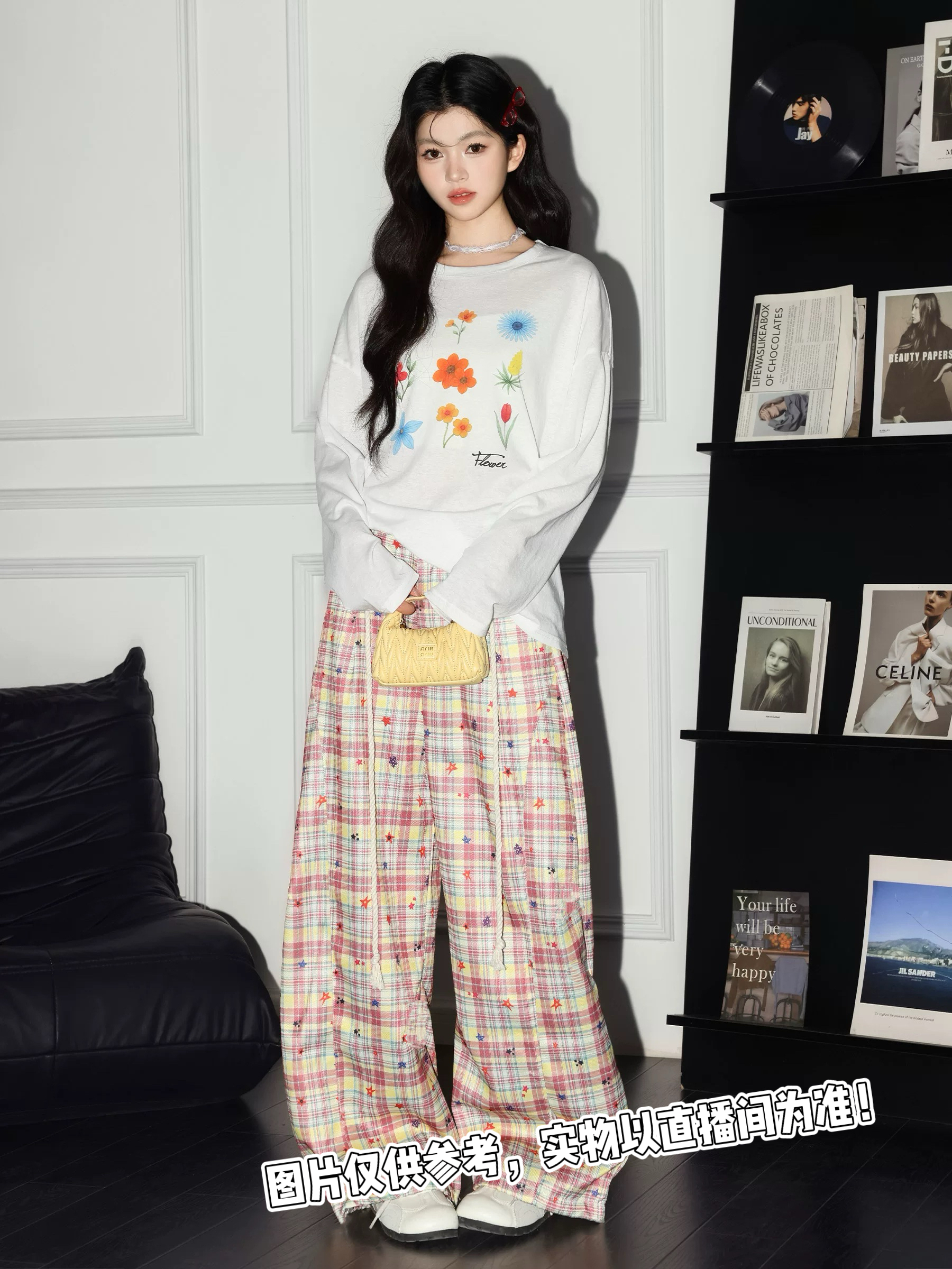 【K7779~裤】彩虹满天星多巴胺格子裤休闲慵懒风半松紧腰休闲裤