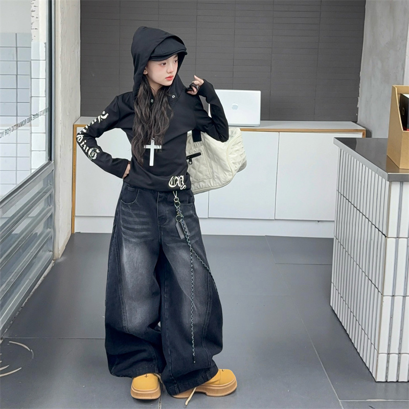 【嘻嘻柚】女童秋季美式字母连帽长袖防晒卫衣潮酷牛仔阔腿裤两件套