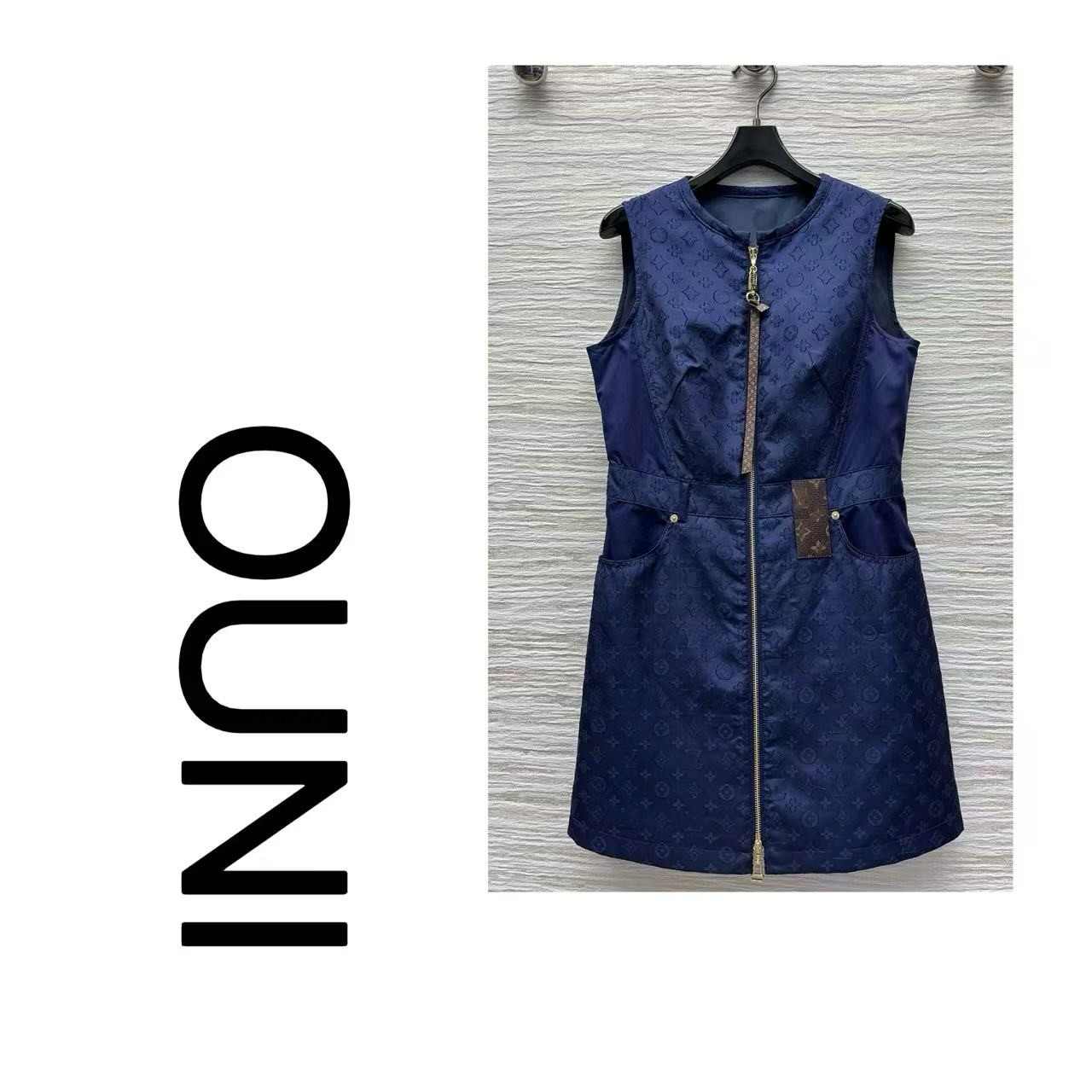 （暗花蓝白连衣裙）夏季暗色花纹缎巴黎收腰连衣裙2