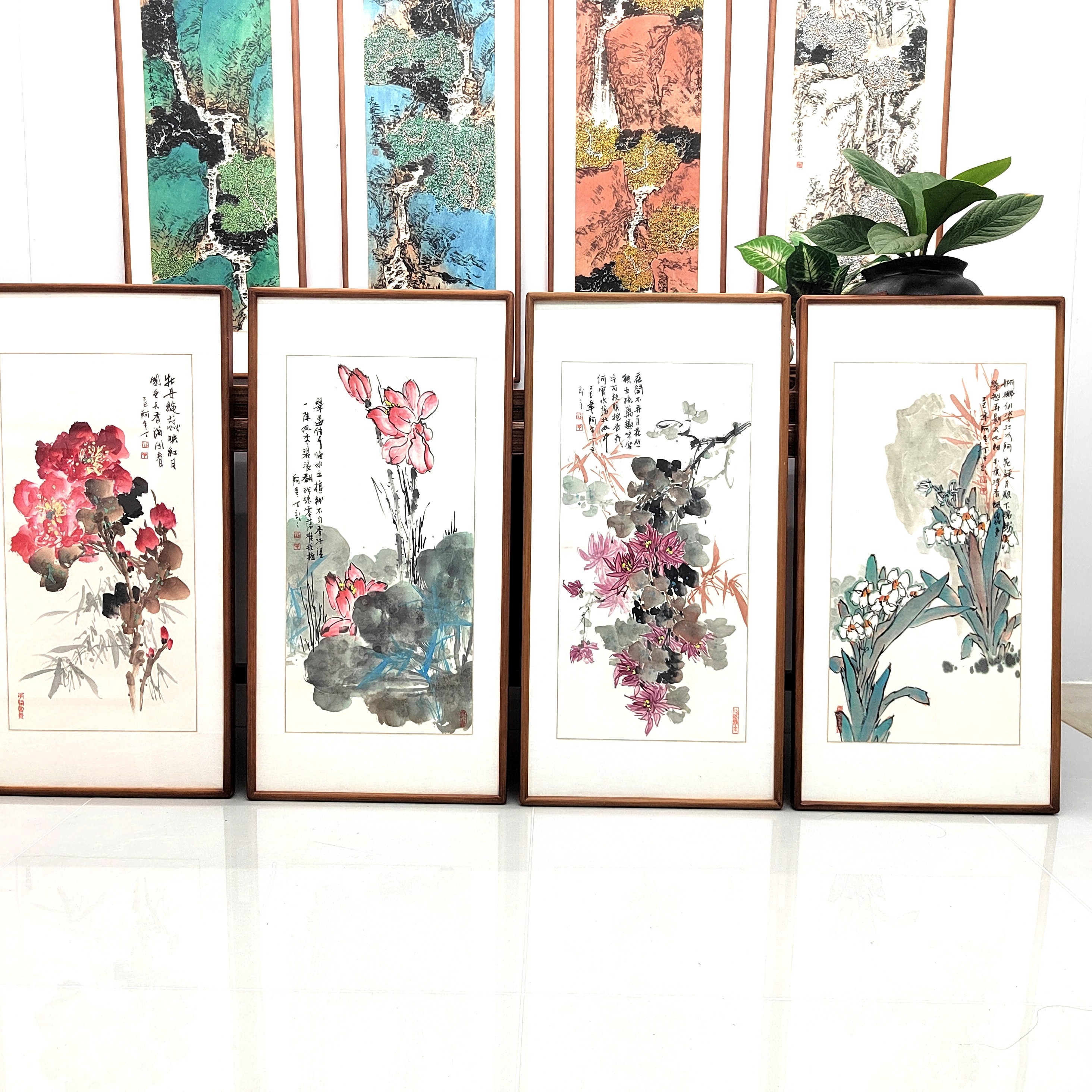 纯手绘国画春夏秋冬四条屏，单幅90*45cm，客厅卧室书房茶室办公室