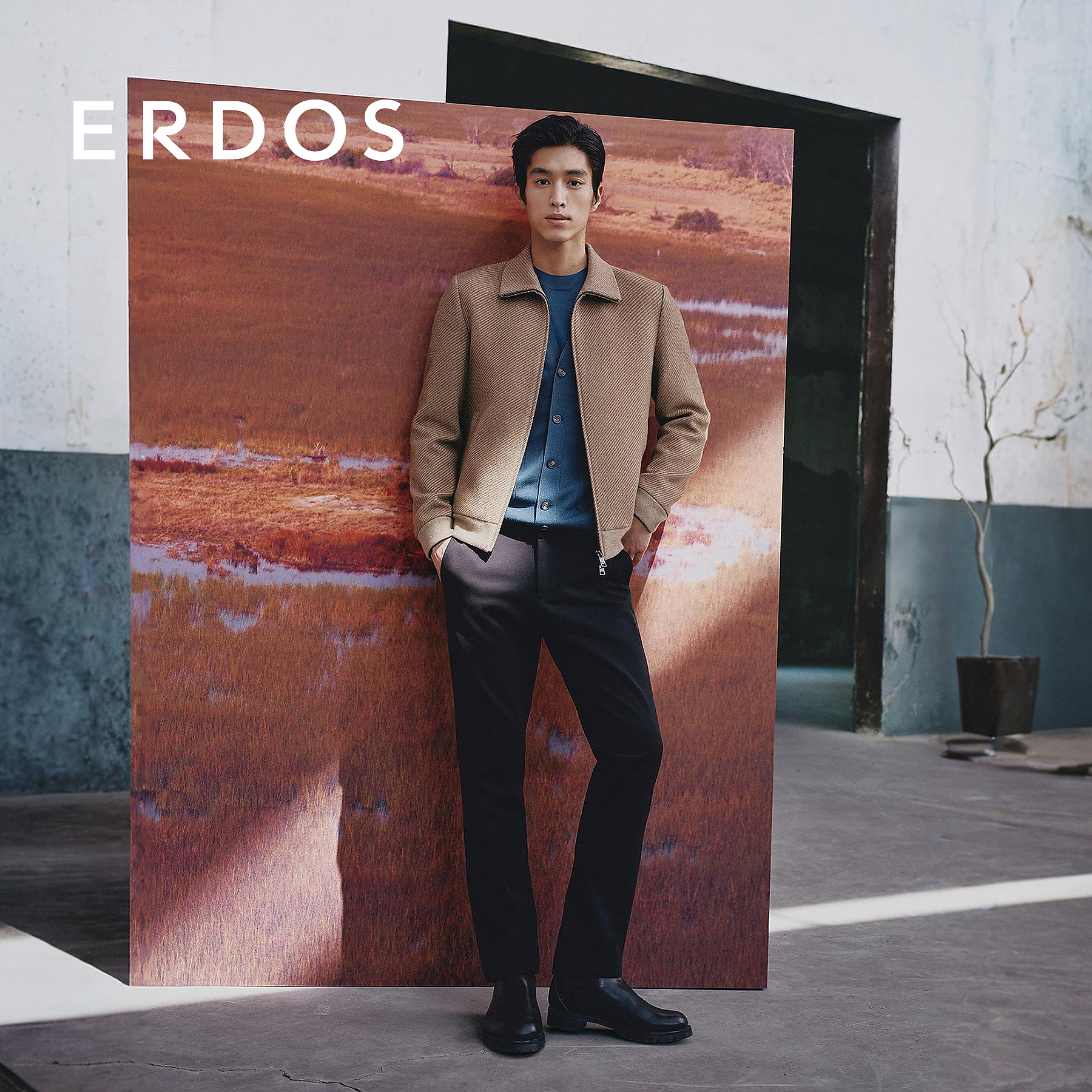 ERDOS 男装羊绒翻领夹克25年秋冬新品原色斜纹老钱风休闲外套