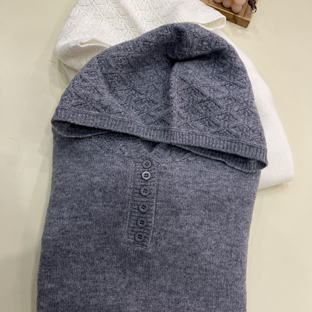 绒品 韩系纯色半开浮雕花纹连帽针织衫