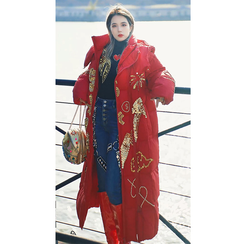 JIE LI/街力原创小众设计师秋冬连帽红色羽绒服女T7182