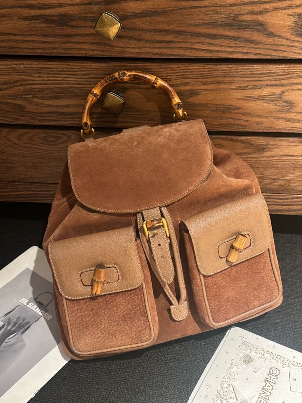 95新 GUCCI/古驰 兜兜 咖色竹节中号双肩包