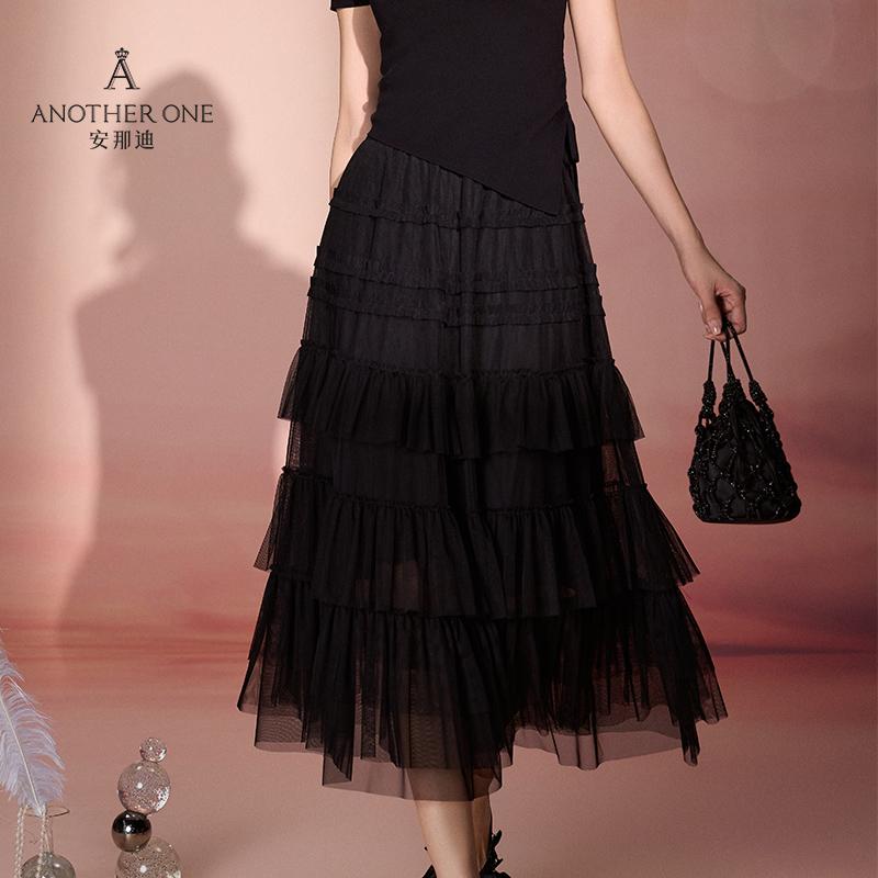 ANOTHER ONE安那迪新款时尚黑色网纱蛋糕裙气质纱裙a字半身