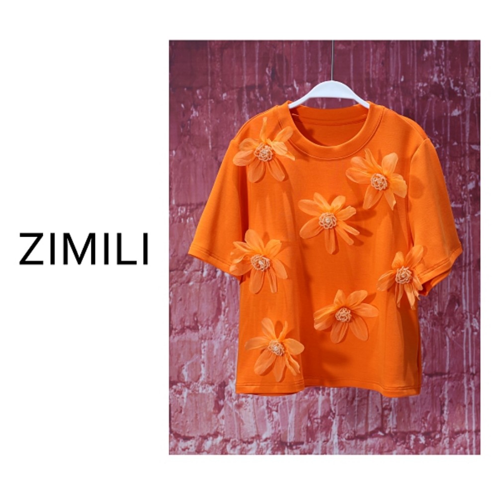 【亮哥女装】2025夏欧货设计师小众爱玛橙立体盘花休闲T恤8212