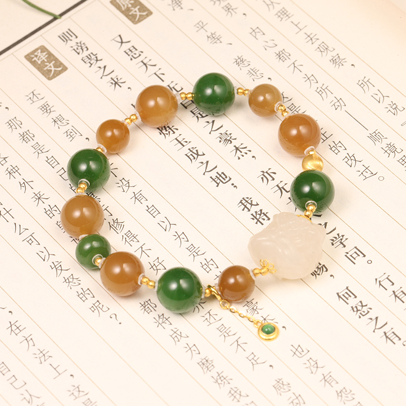 【叶叶珠宝】940和田玉藕粉醒狮多宝手串+18K金糖料碧玉手链