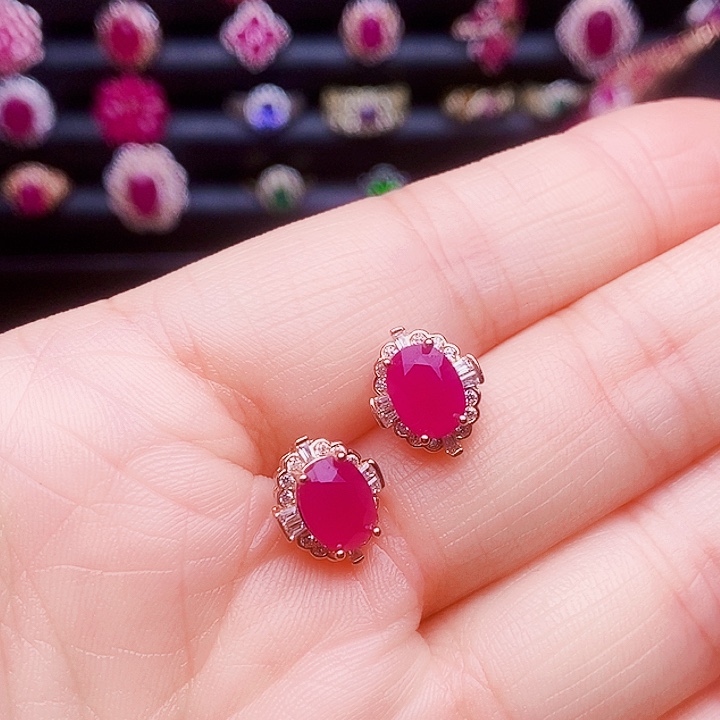 耳饰银S925镶嵌红宝石
