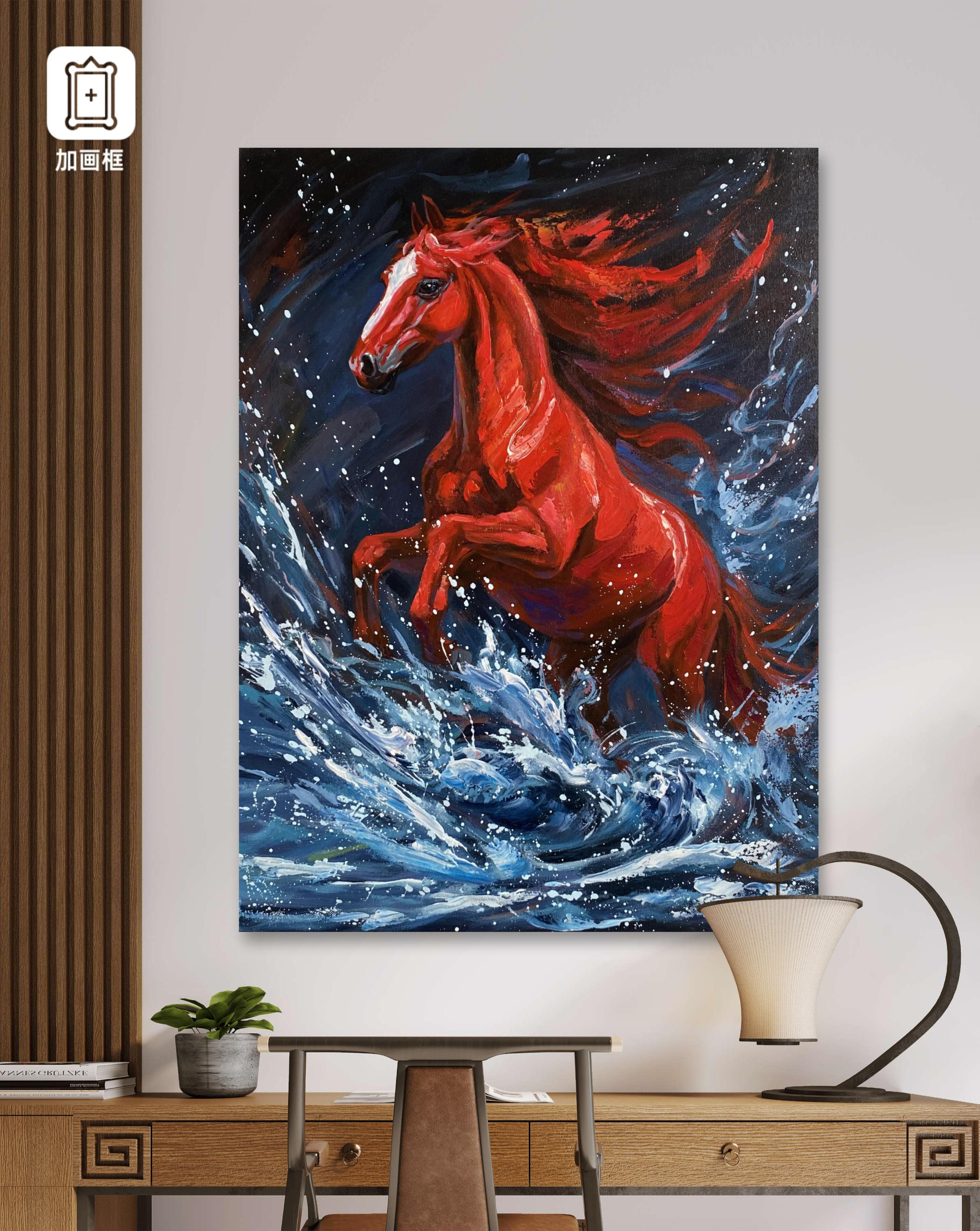 红色骏马高级感绘制马到成功客厅装饰画玄关过道挂画壁画