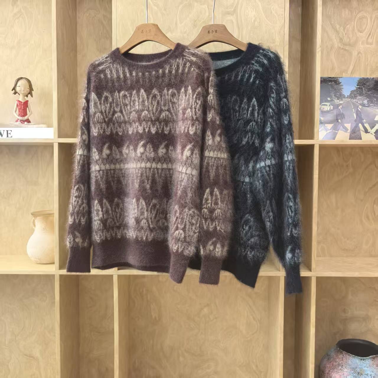 L7052腰果花拉绒复古氛围感几何图案山羊绒套头衫