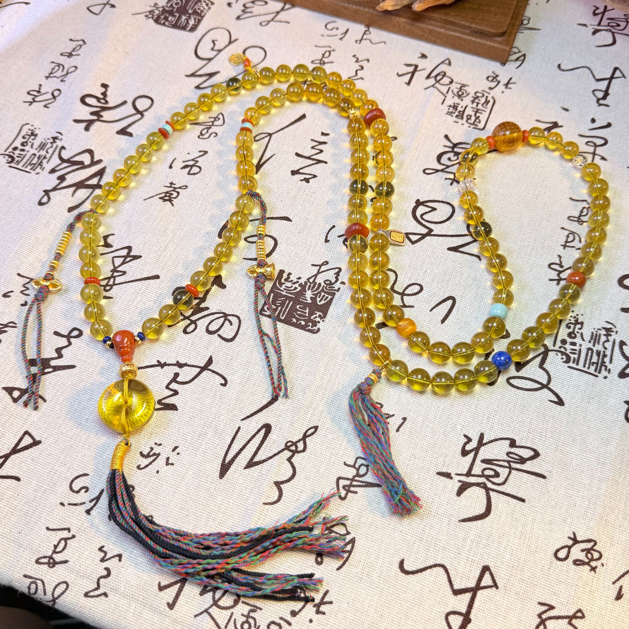 【鸿莱】BZ122511 墨西哥蓝珀108毛衣链diy扣子&南红青金石10mm+