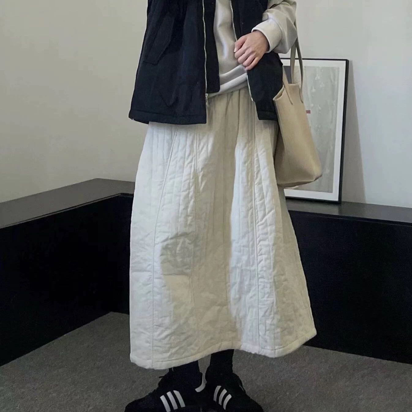 【绗棉竖条A字半裙】冬日氛围感百搭休闲高腰绗棉竖条半身裙