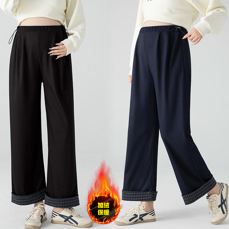 垂感好2025孕妇裤子秋冬季加绒加厚复古宽松直筒休闲仿牛仔阔腿裤