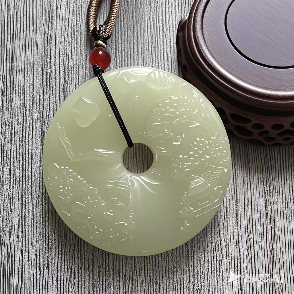 R045天然黄白老玉山水图平安扣配绳子带礼盒收藏