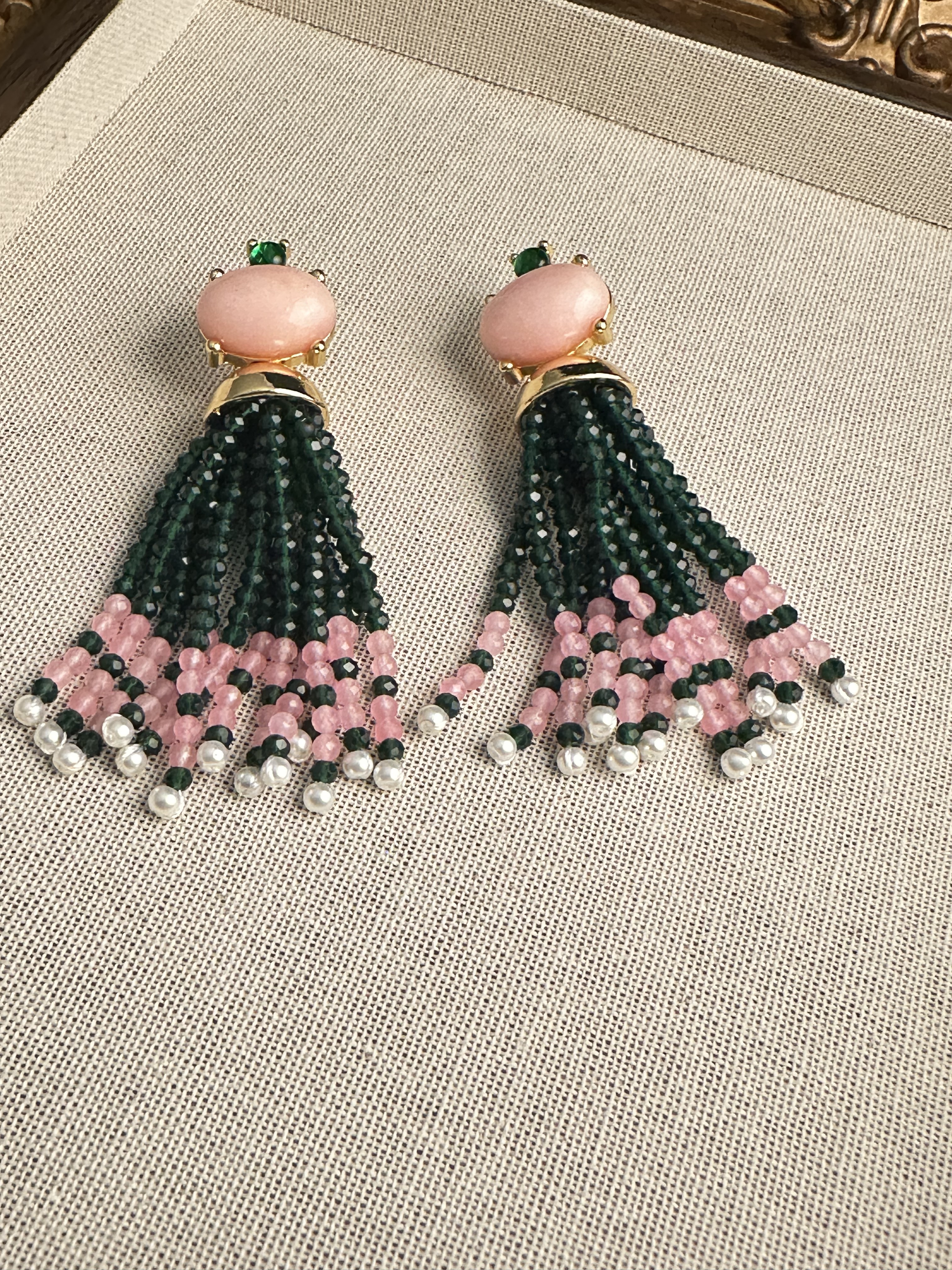 铜合金仿水晶耳饰 中古镀金粉色石头绿色流苏耳饰 E2906